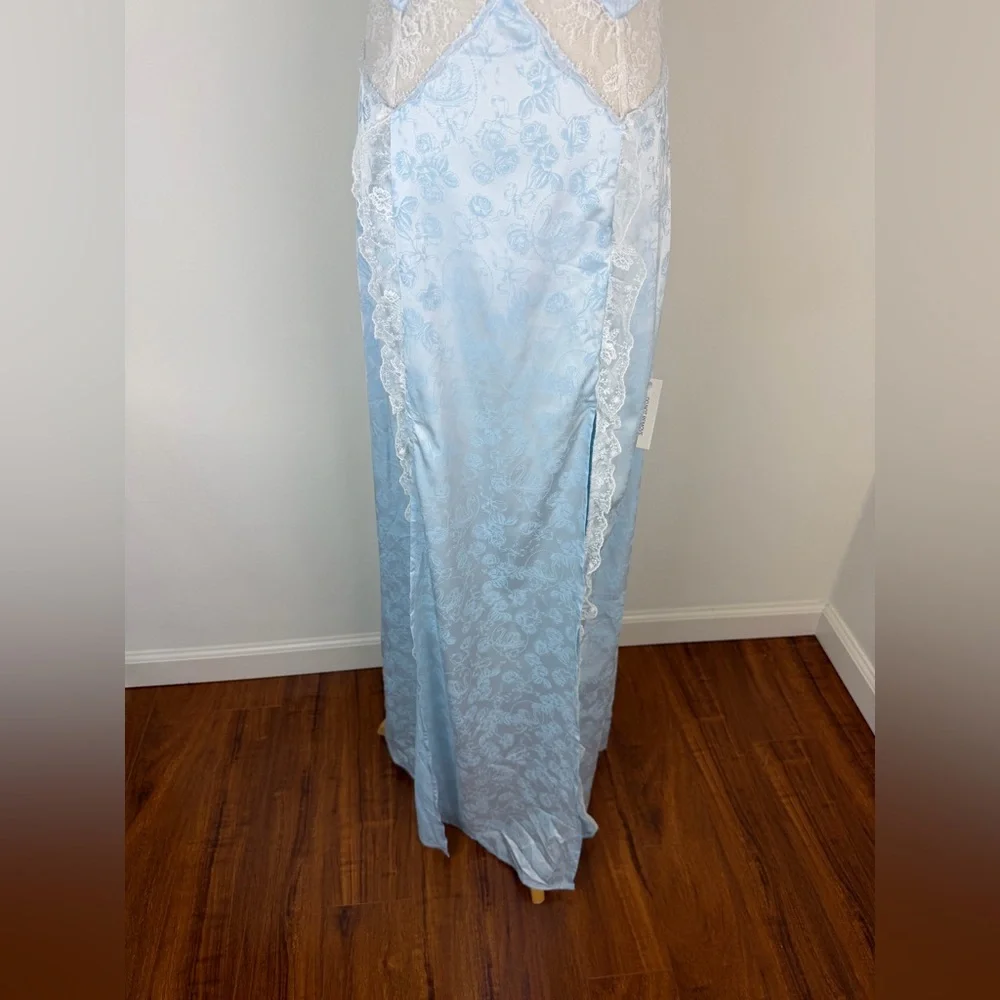 NWT For Love & Lemons Hattie Satin Slip Maxi Dress Blue Floral Lace Size XS - Picture 8 of 11